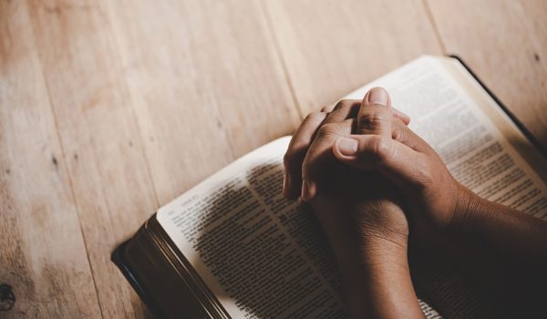 spirituality and religion, hands folded in prayer on a holy bibl